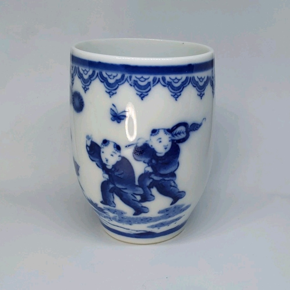 Japanese Porcelain‎ Sake Cup Vtg Sometsuke Blue Children Guinomi Ochoko